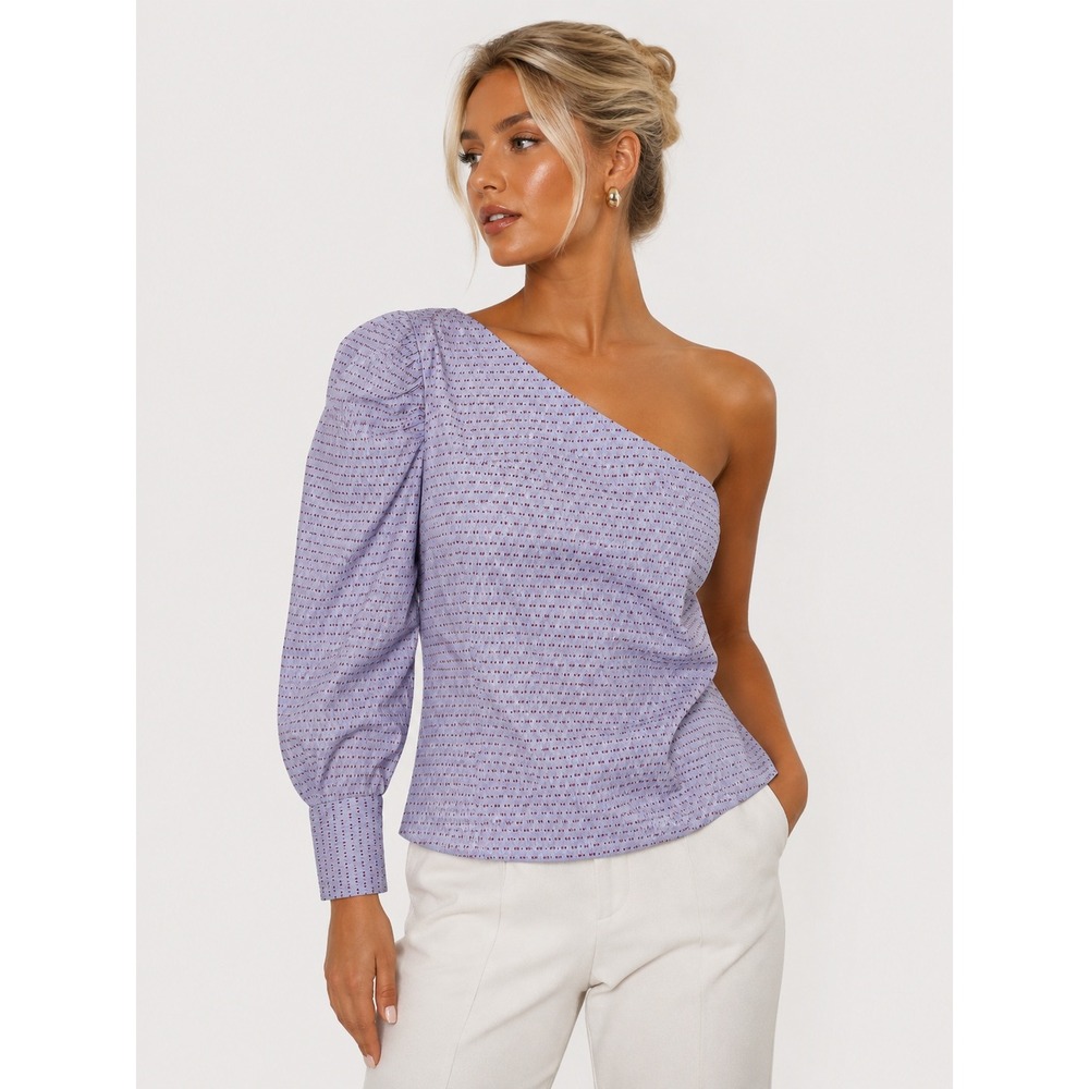 Who What Wear One Shoulder Puff Sleeve Striped Cotton Top Blue Pink S